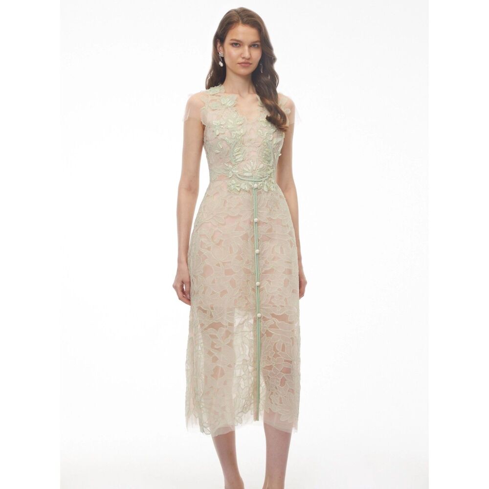 Miss Rosier Linnea Floral Applique V-Neck Midi Dress Size S